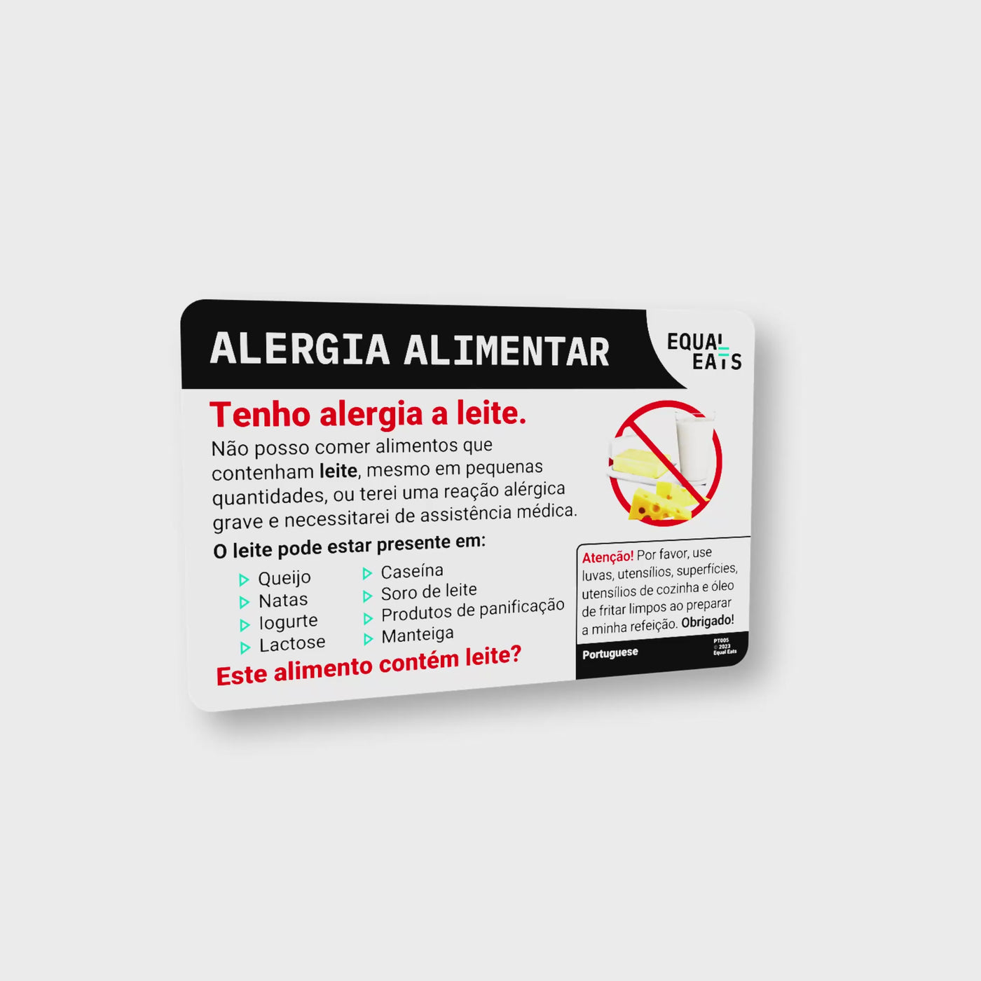 Milk Allergy Translation Card in Portuguese