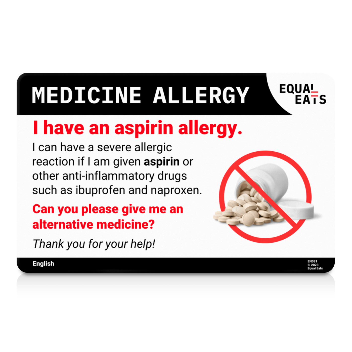 Hebrew Aspirin Allergy Card