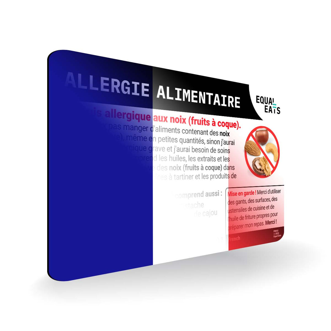 Nut Allergy in French, French Nut Allergy Translation Card for Travel, Chef Card