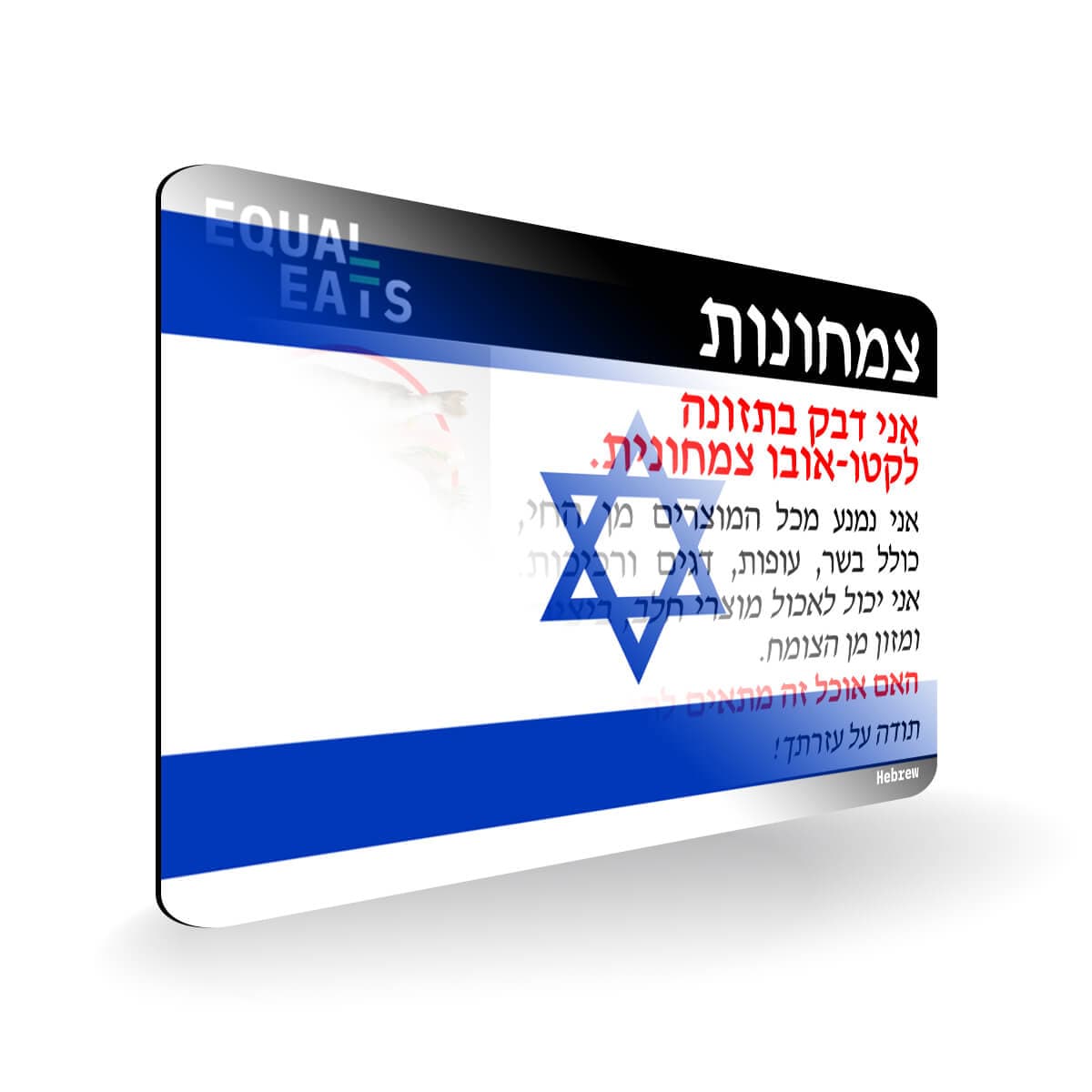 Lacto Ovo Vegetarian Diet in Hebrew. Vegetarian Card for Israel