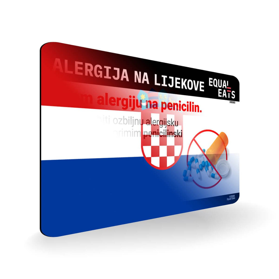 Penicillin Allergy in Croatian. Penicillin medical ID Card for Croatia