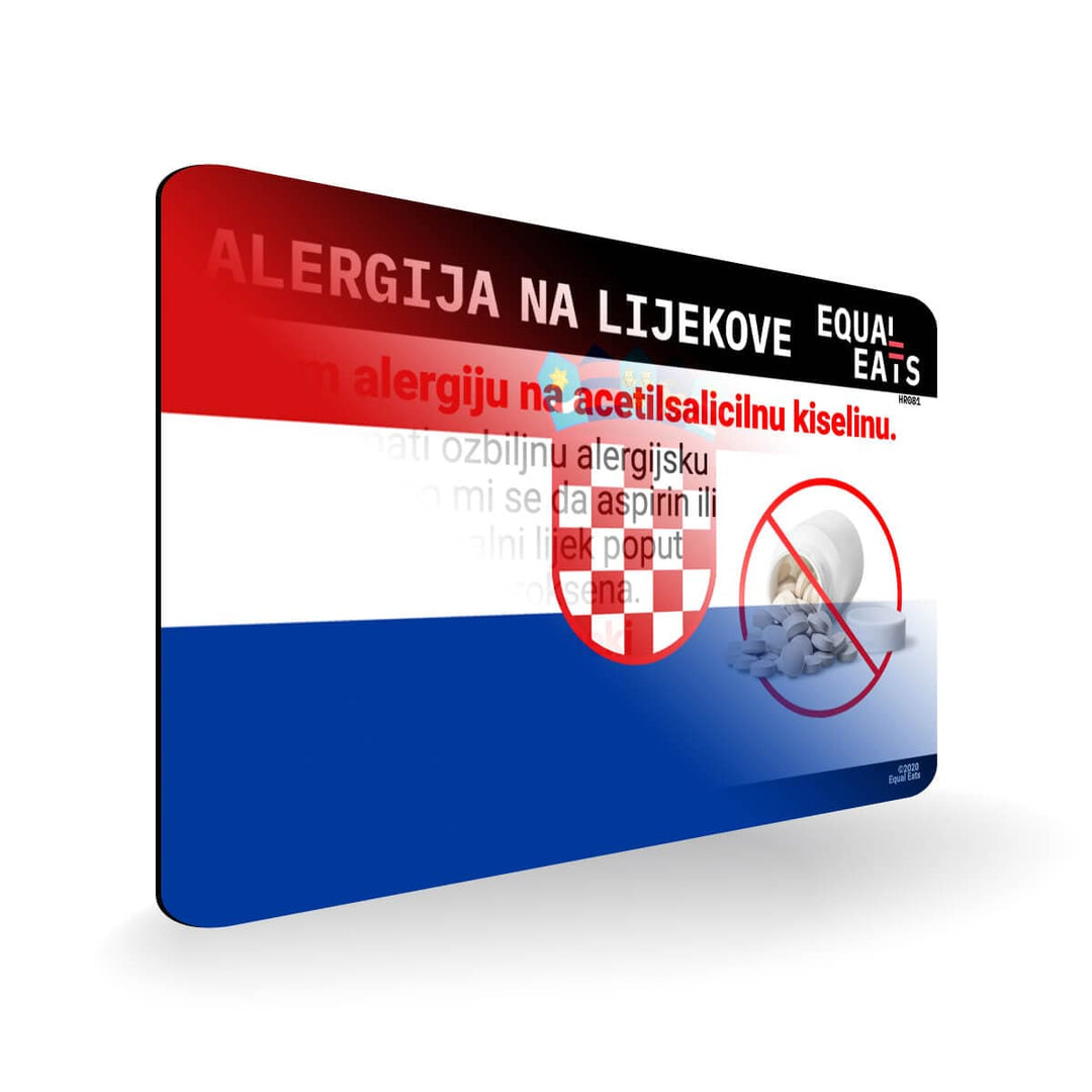 Aspirin Allergy in Croatian. Aspirin medical I.D. Card for Croatia