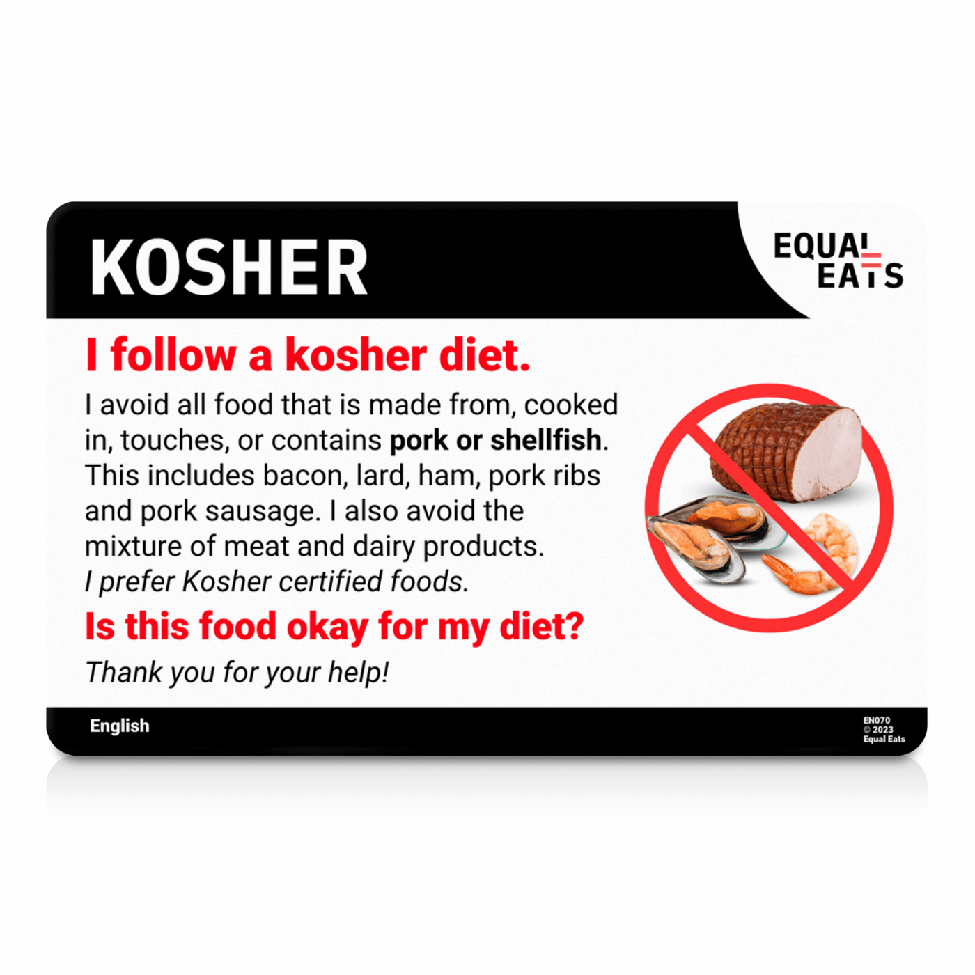 Simplified Chinese Kosher Diet Card