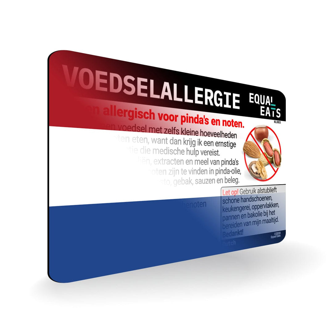 Peanut and Tree Nut Allergy in Dutch. Peanut and Tree Nut Allergy Card for Holland Travel