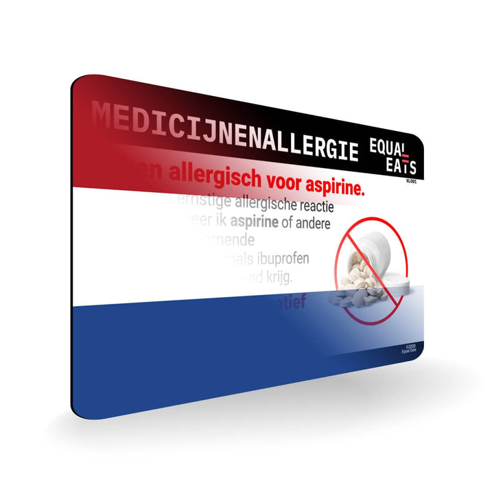 Aspirin Allergy in Dutch. Aspirin medical I.D. Card for Netherlands