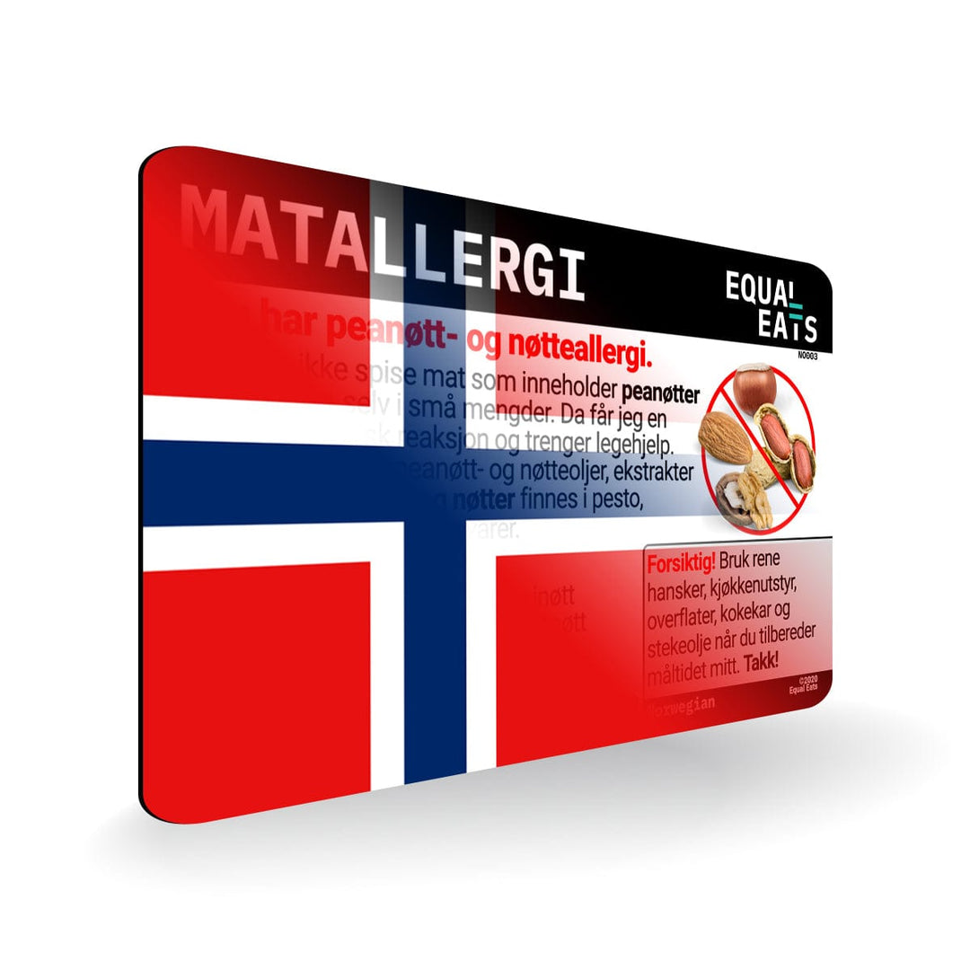 Peanut and Tree Nut Allergy in Norwegian. Peanut and Tree Nut Allergy Card for Norway Travel