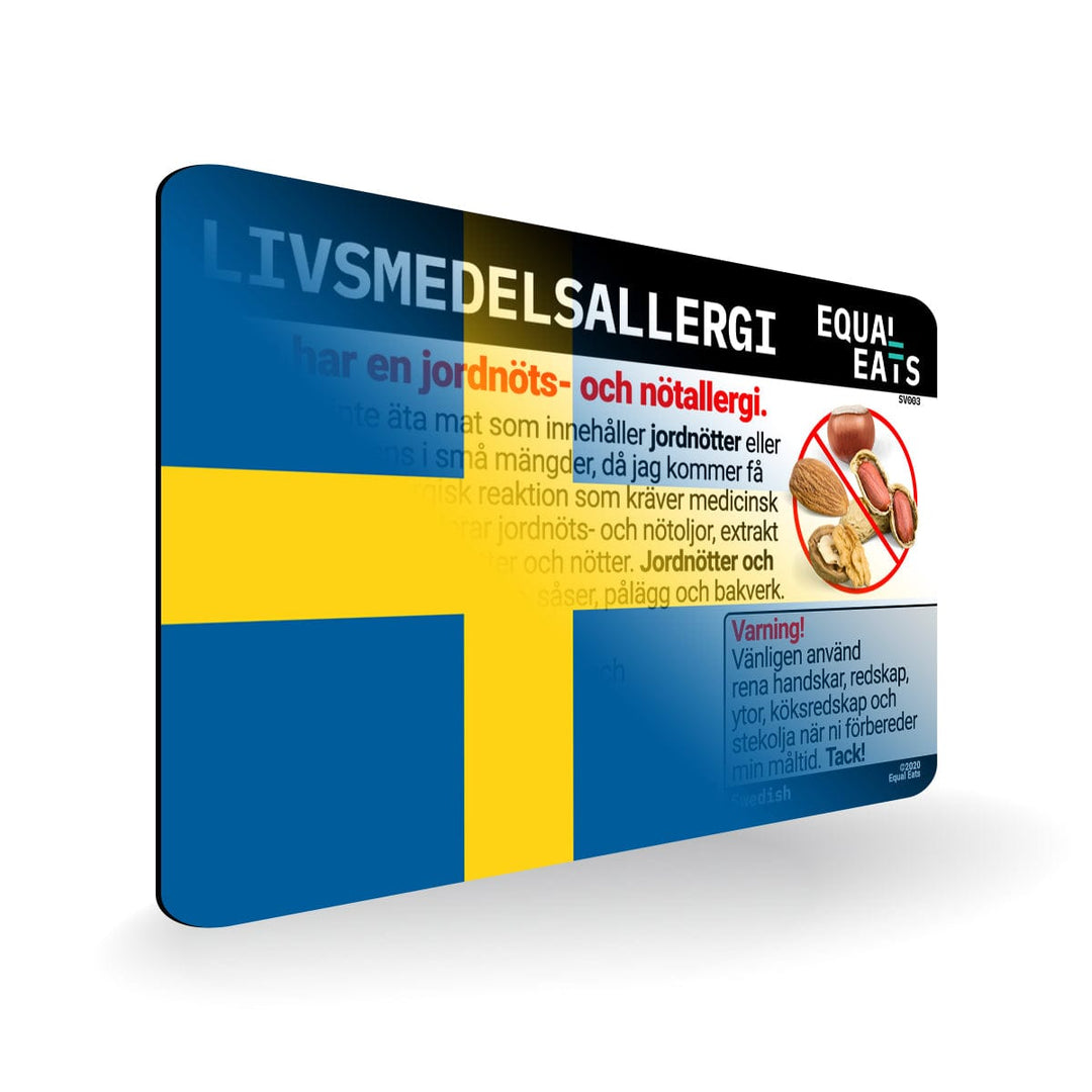 Peanut and Tree Nut Allergy in Swedish. Peanut and Tree Nut Allergy Card for Sweden Travel